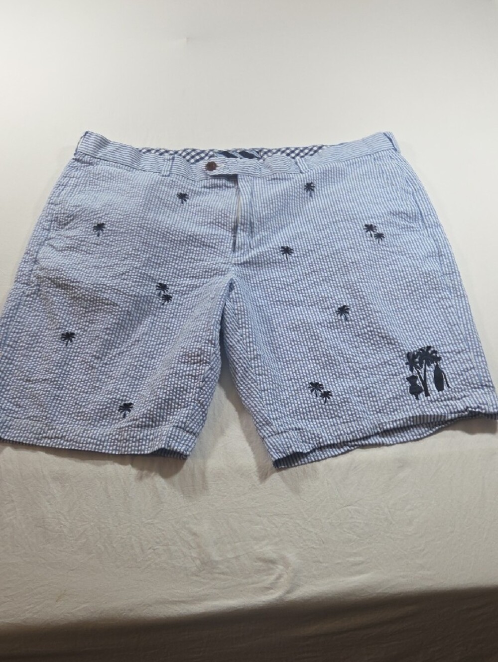 Brooks Brothers Light Blue Seersucker Shorts Palm Tree Embroidered Summer Casual - Picture 10 of 12